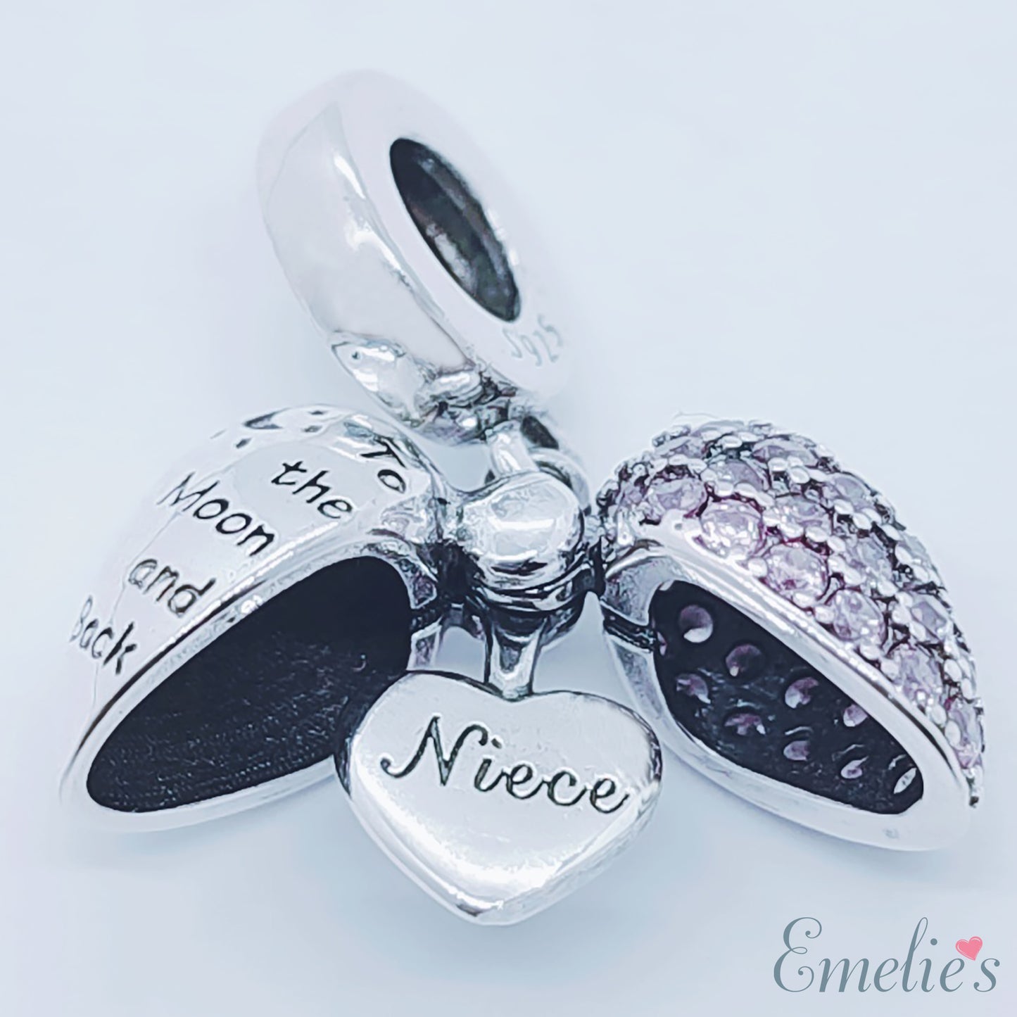Niece I Love You To The Moon and Back Heart Pendant and Necklace. Pendant also fits Pandora Bracelet. Available in 4 colours